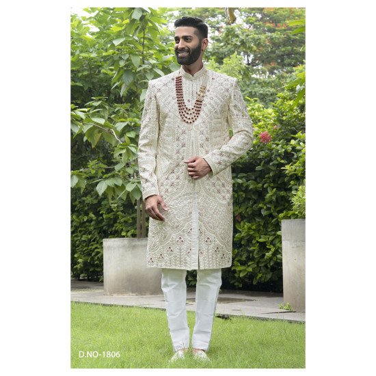 Designer Single Pattern Wedding Sherwani For Groom