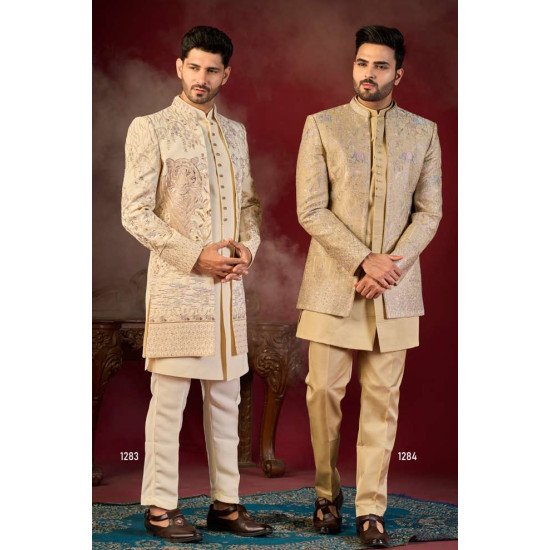 Designer Beige Double Pattern Indowestern For Men 