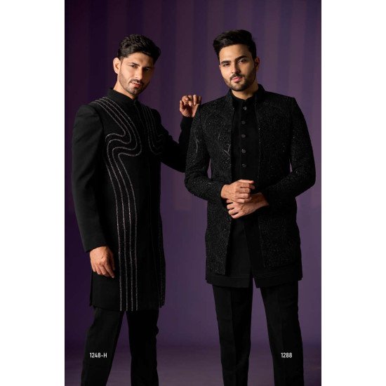 Modern Black Achkan Kurta with Wavy Sequin Embellishments