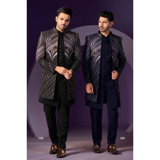 Designer Men's Indo Set with Geometric and Vertical Sequin Patterns
