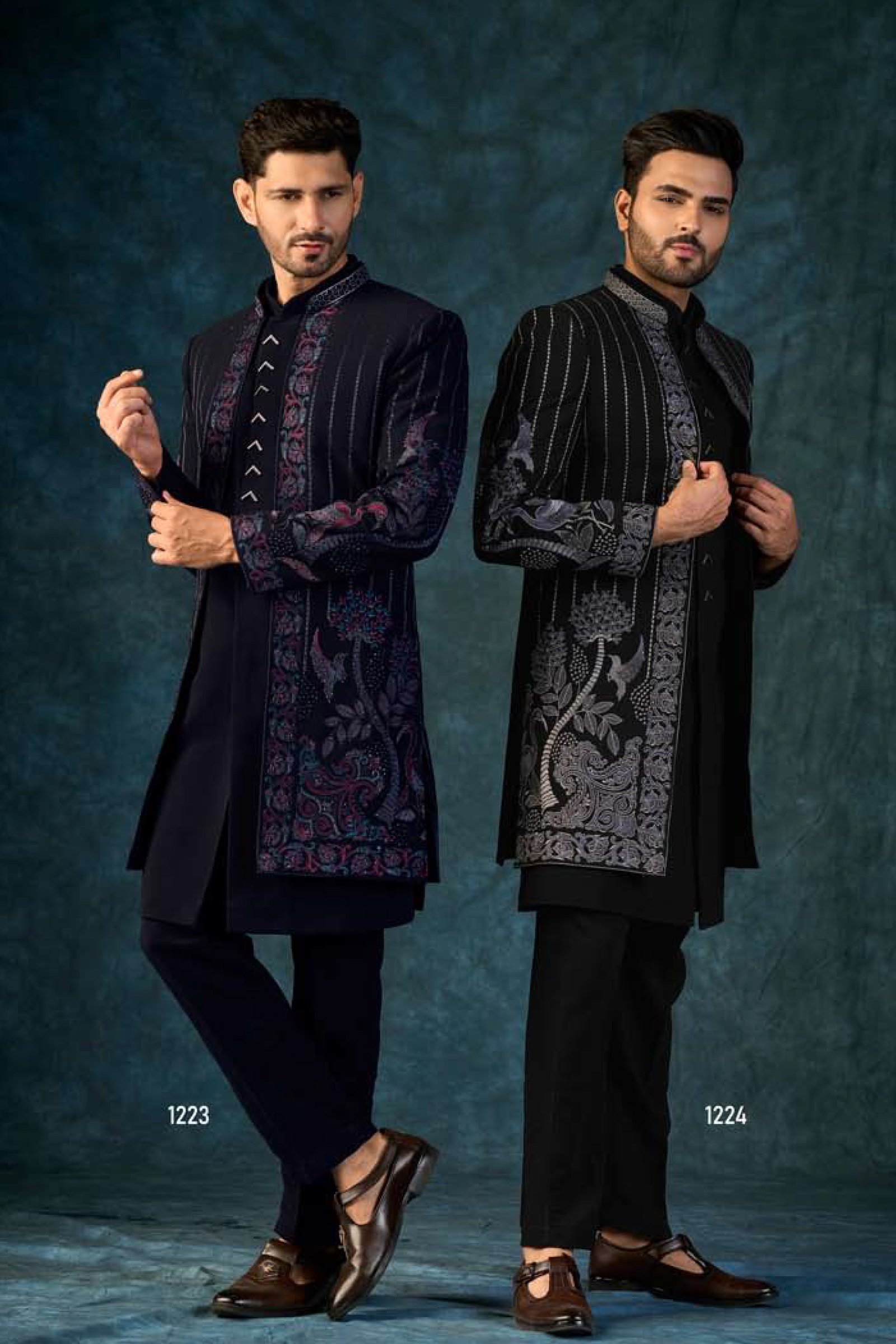 Classic Black & Navy Blue Indo Western Sherwani with Embroidered Detailing 