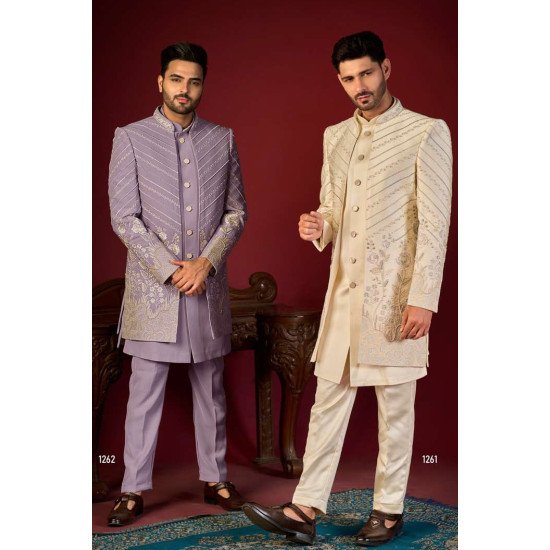 Men's Striped and Embroidered Indo-Western Sherwani Set