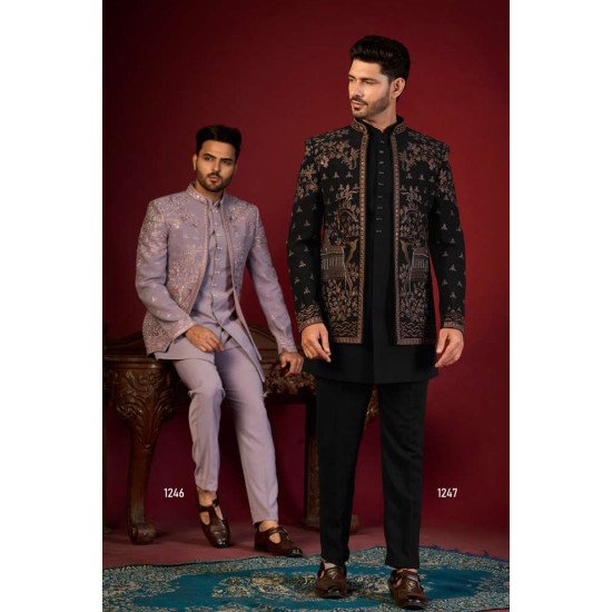 Designer Black and Lavender Bandhgala with Intricate Embroidery