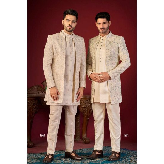 Ivory and Gold Jacquard Sherwani with Intricate Embroidery