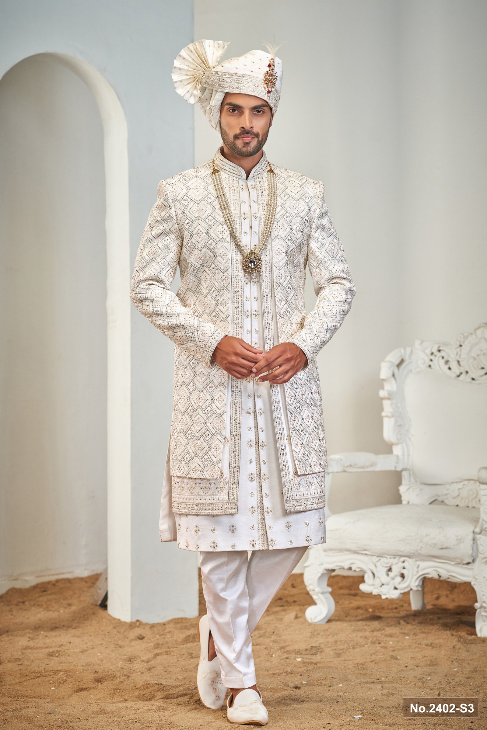 Designer Multi Layer Mehroom Touch Groom Sherwani