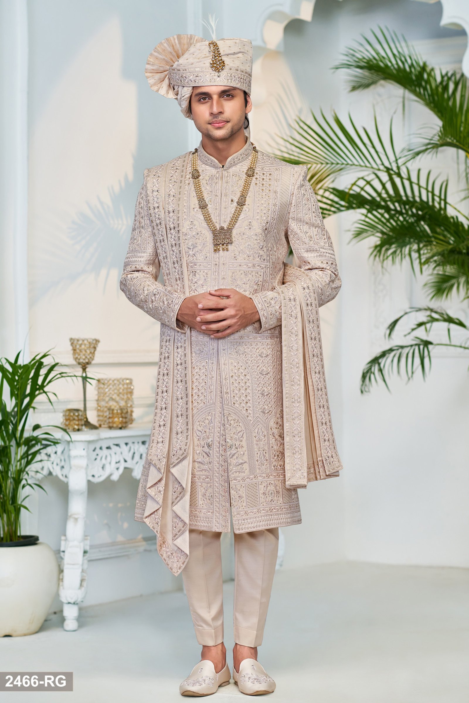 Designer Beige Achkan Pattern Sherwani For Groom