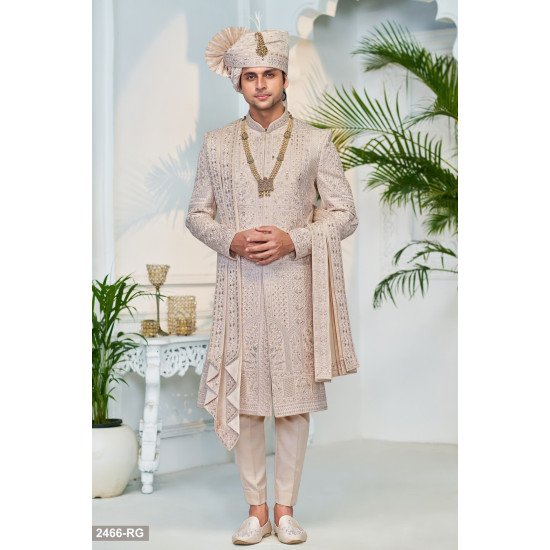 Designer Beige Achkan Pattern Sherwani For Groom