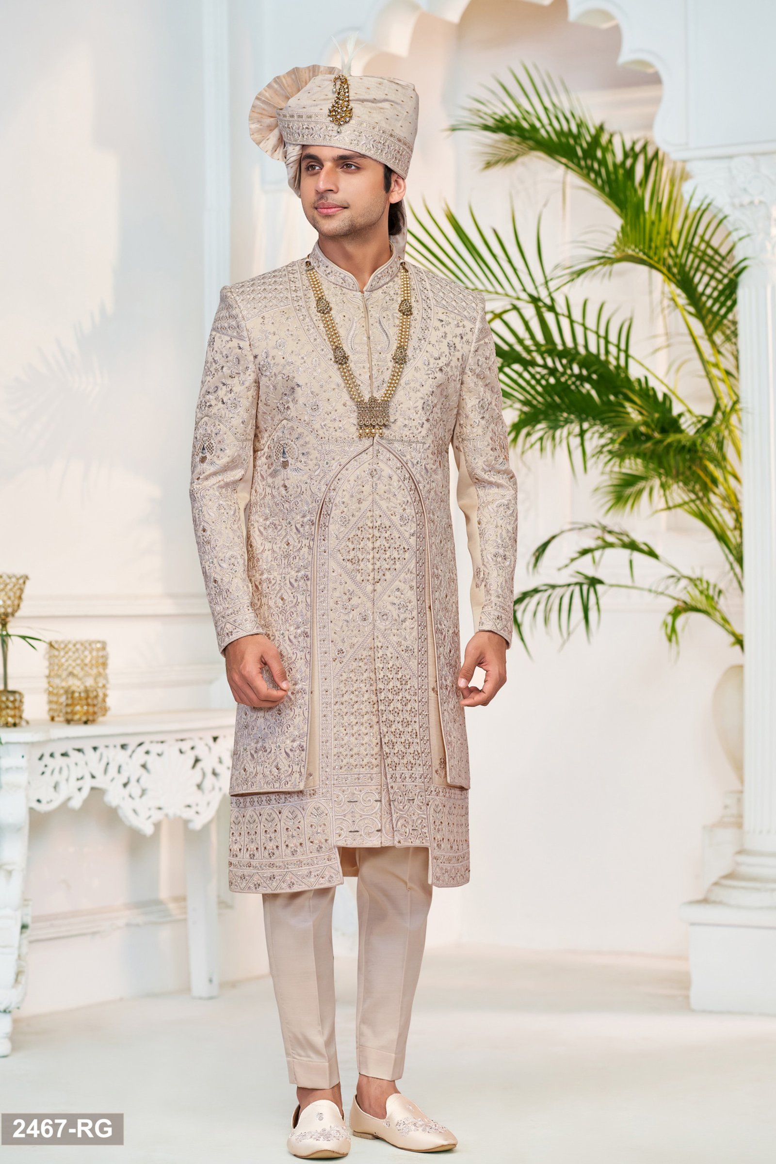 Designer Beige Stone & Sequence Work Sherwani For Groom