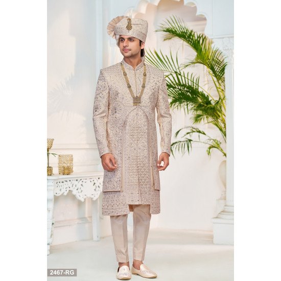 Designer Beige Stone & Sequence Work Sherwani For Groom
