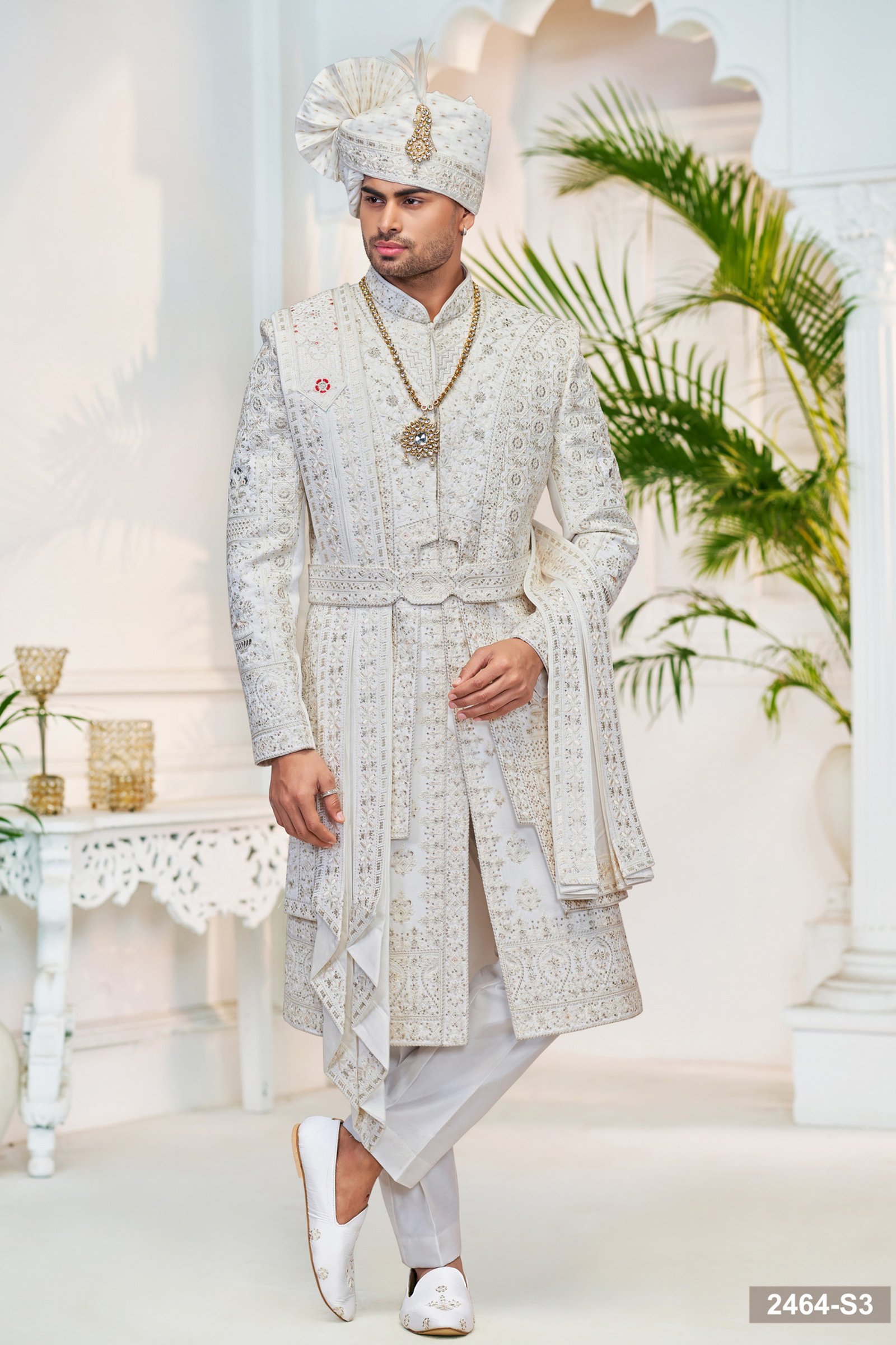 Designer Belt Pattern Sherwani For Wedding
