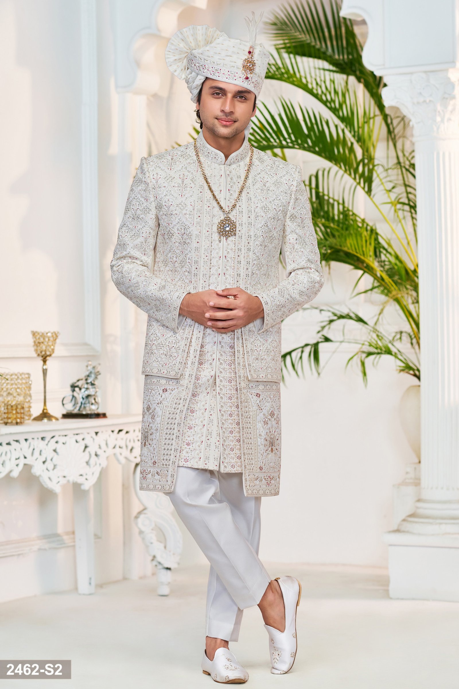 Designer Three Layer Mehroon Touch Sherwani For Groom