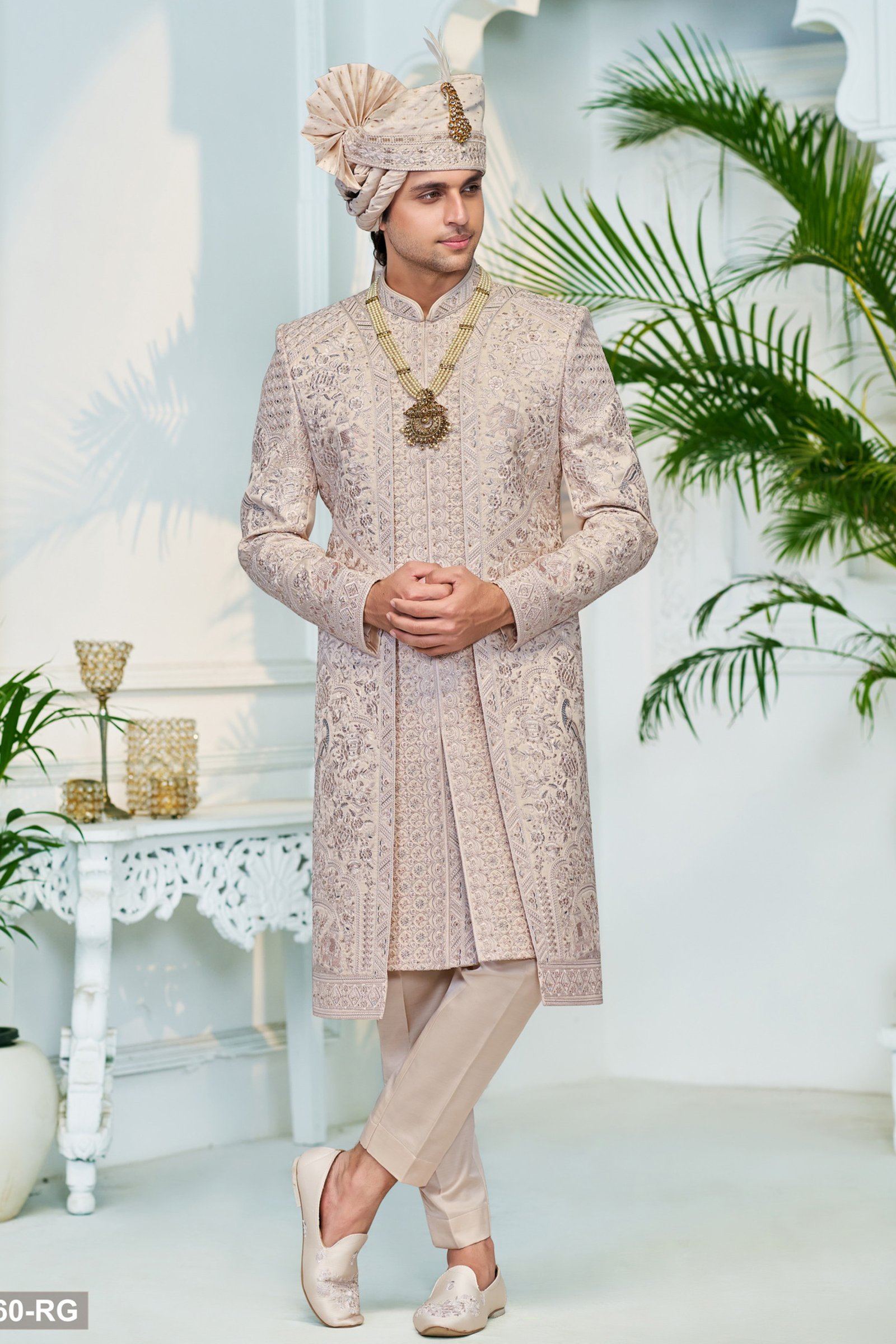 Double Pattern Beige Color Wedding Sherwani