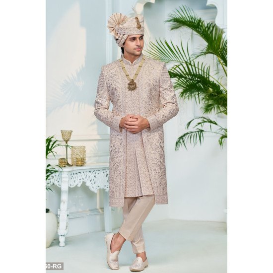 Designer Beige Double Pattern Motif & Stone Work Sherwani For Groom