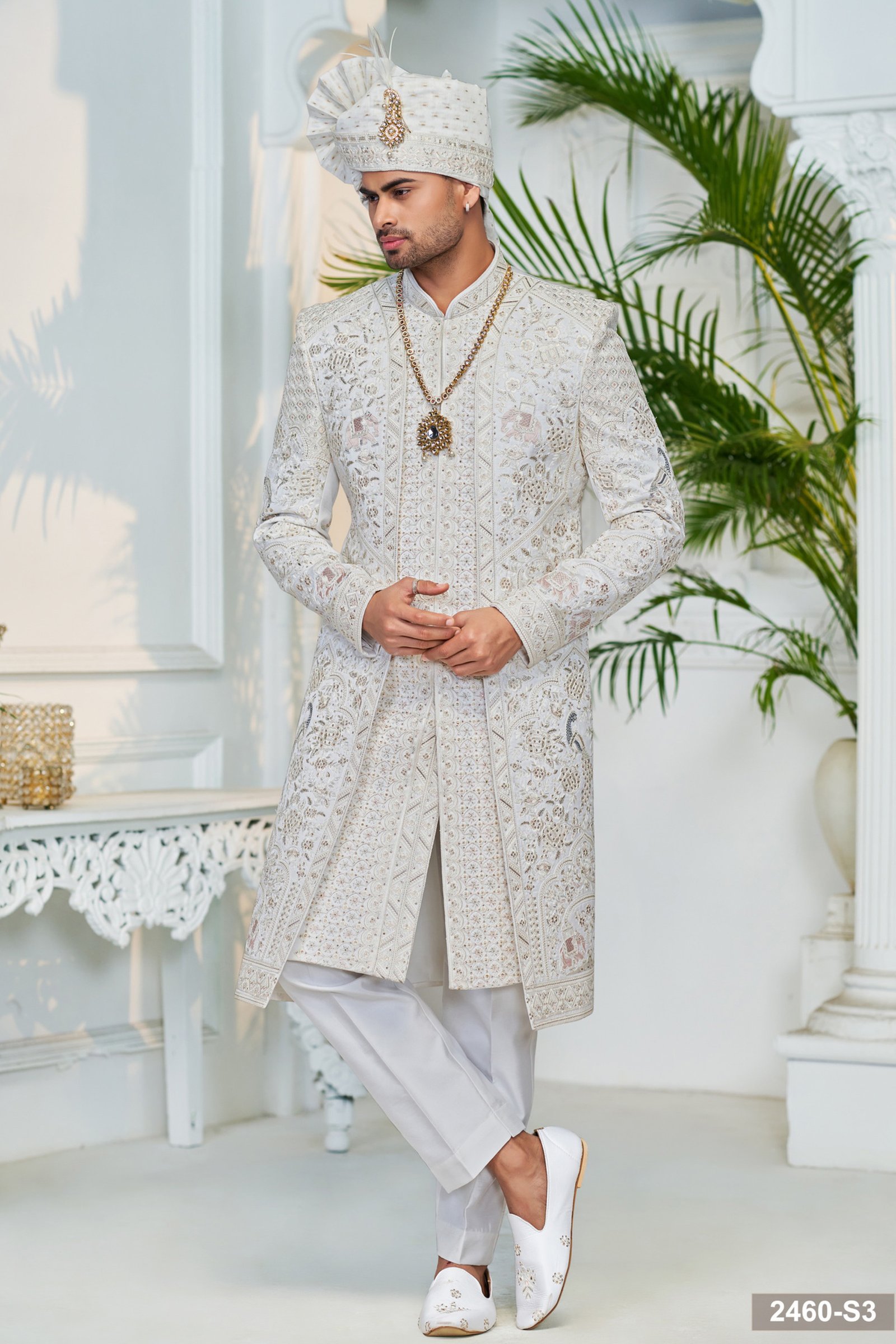 Designer Cream Colored Double Patttern Sherwani For Groom