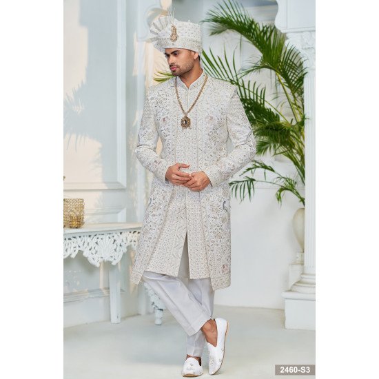 Designer Cream Colored Double Patttern Sherwani For Groom