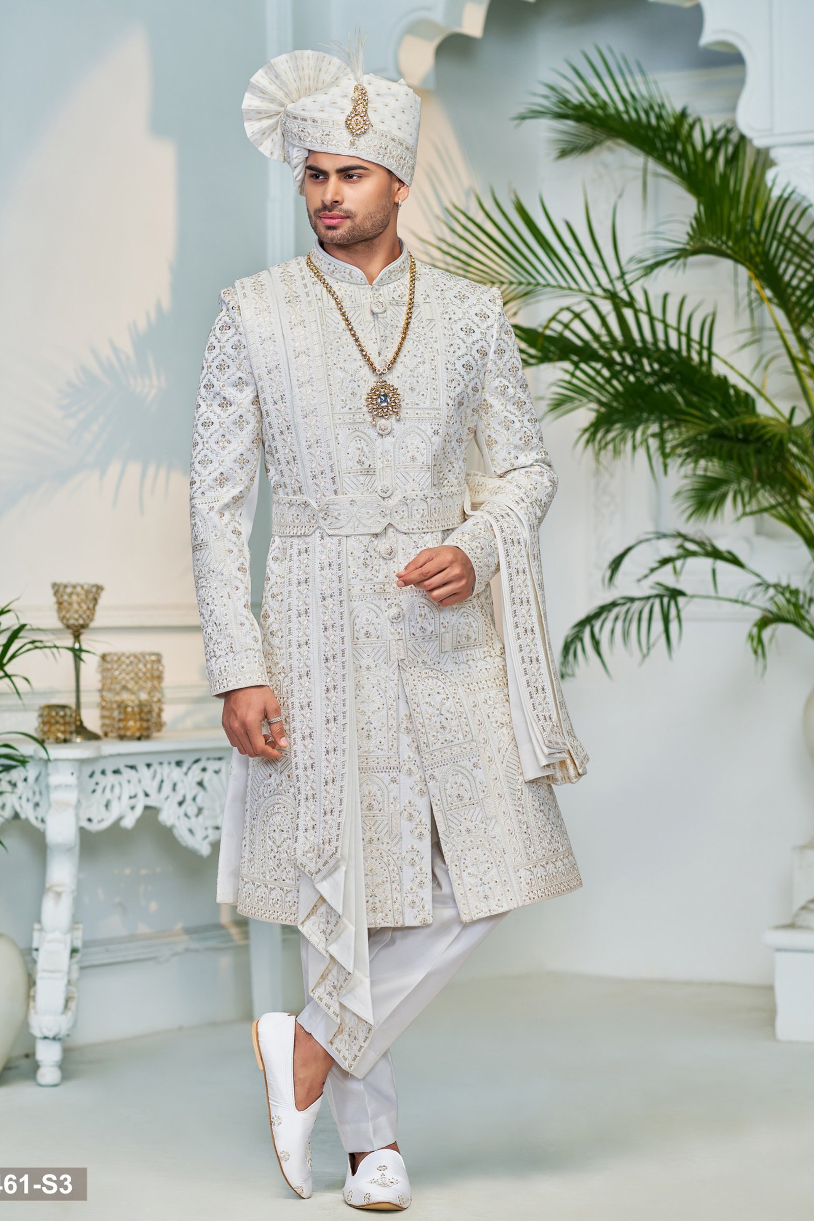 Designer White Stone And Sequence Work Belt Pattern Wedding Sherwani For Men