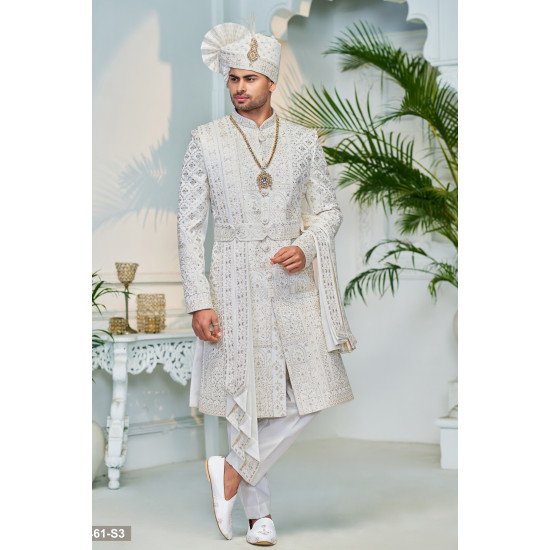 Designer White Stone And Sequence Work Belt Pattern Wedding Sherwani For Men