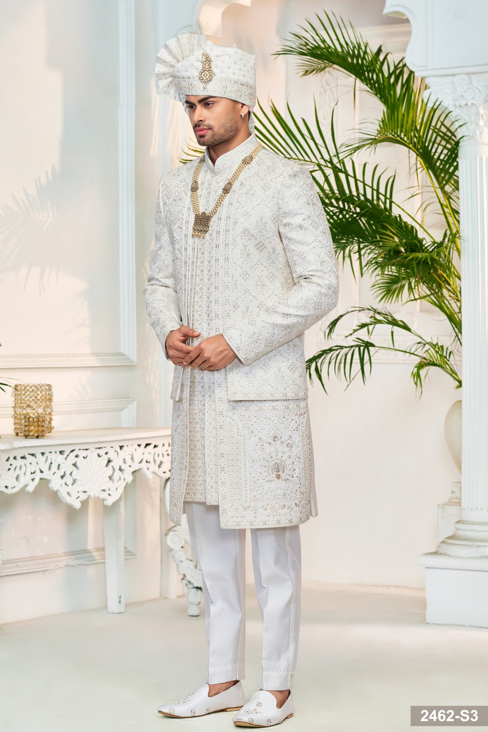 Designer White Stone And Motif Work Three Layer Wedding Sherwani For Men