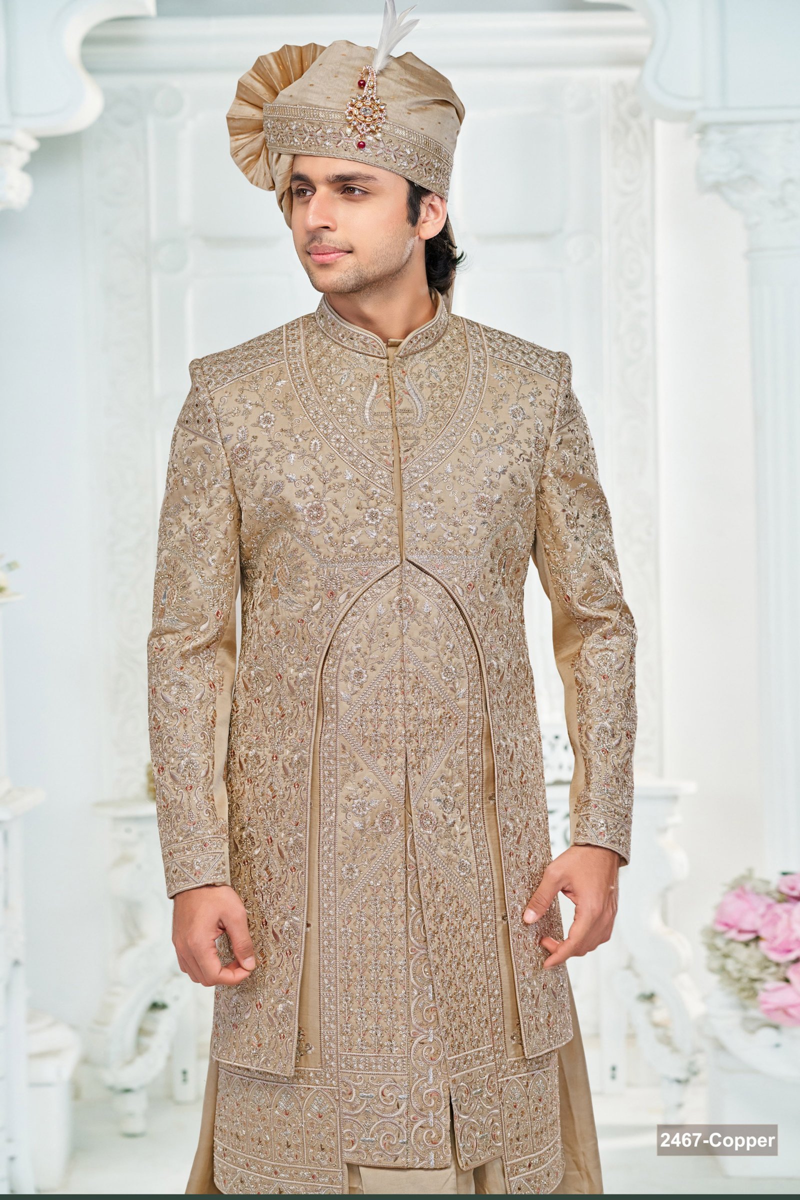 Designer Dark Golden Wedding Sherwani