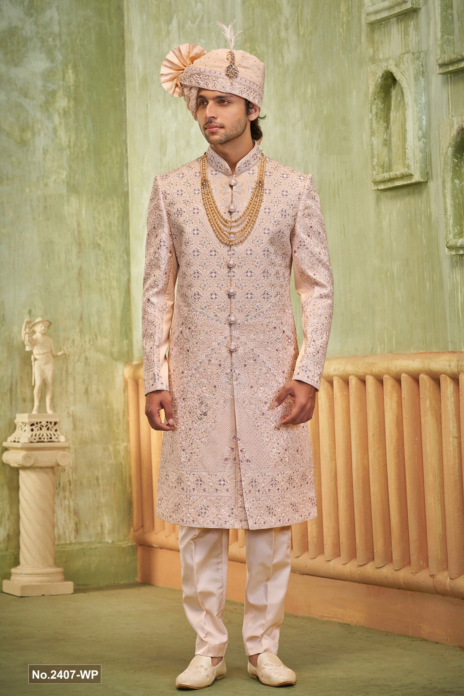 Designer Pink Handwork Sherwani For Men