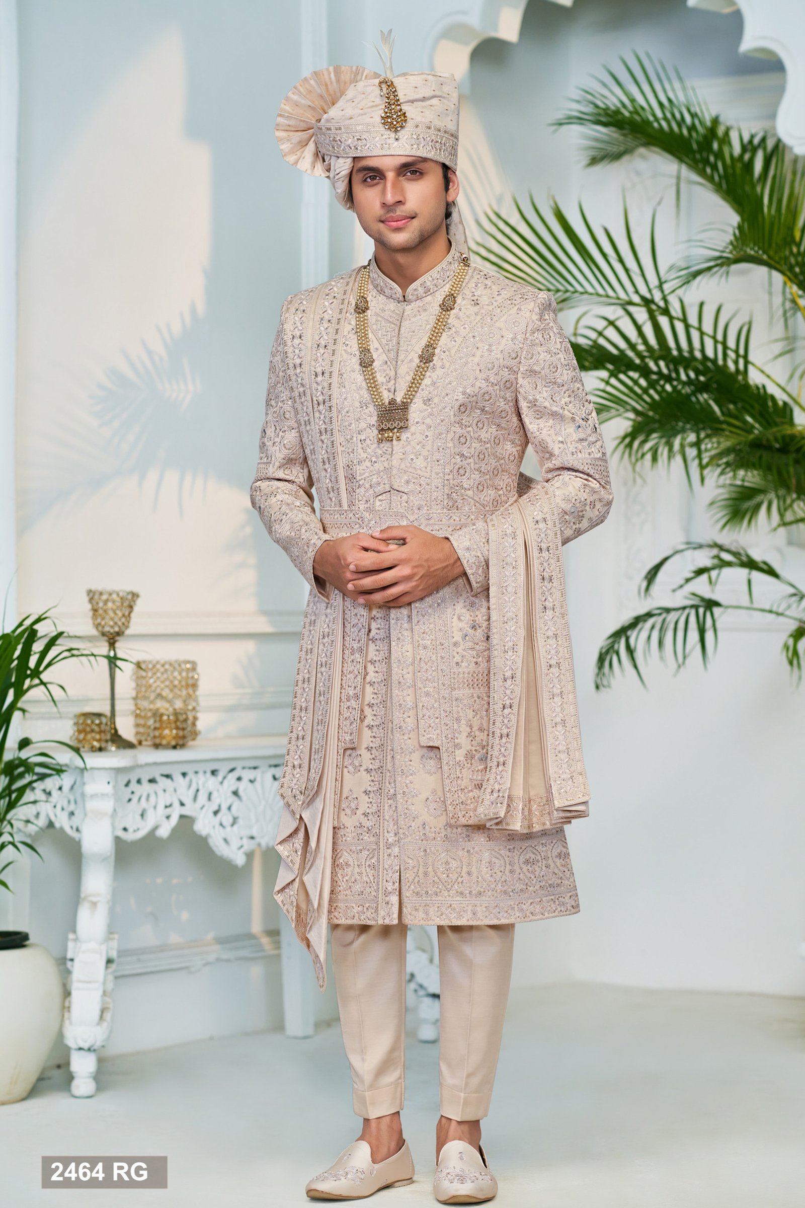 Designer Multi Layer Belt Pattern Groom Sherwani 