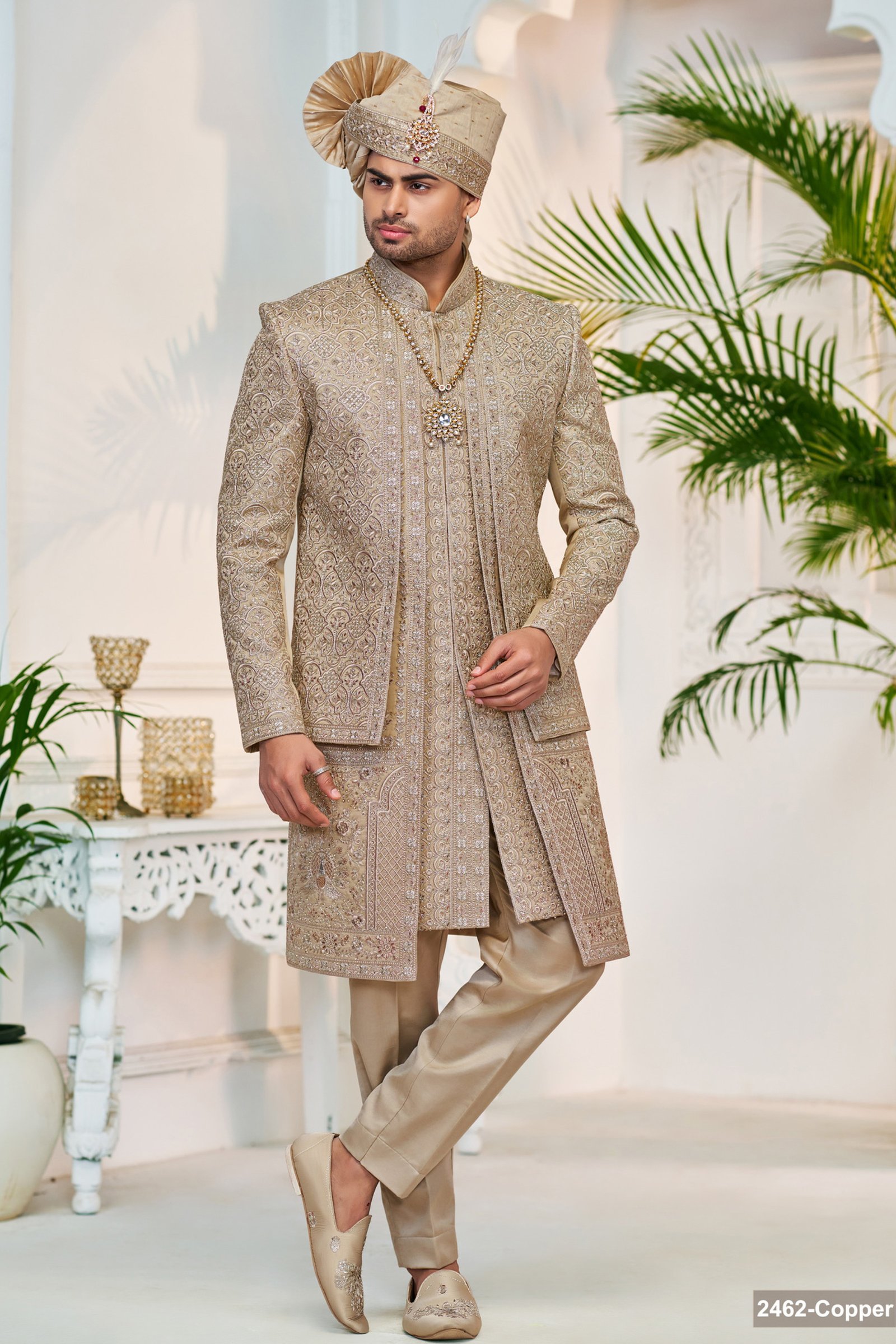 Designer Copper Colored Motif Work Three Layer Sherwani