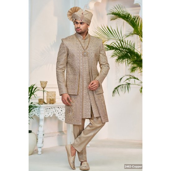 Designer Dark Golden Three Laer Wedding Sherwani For Groom