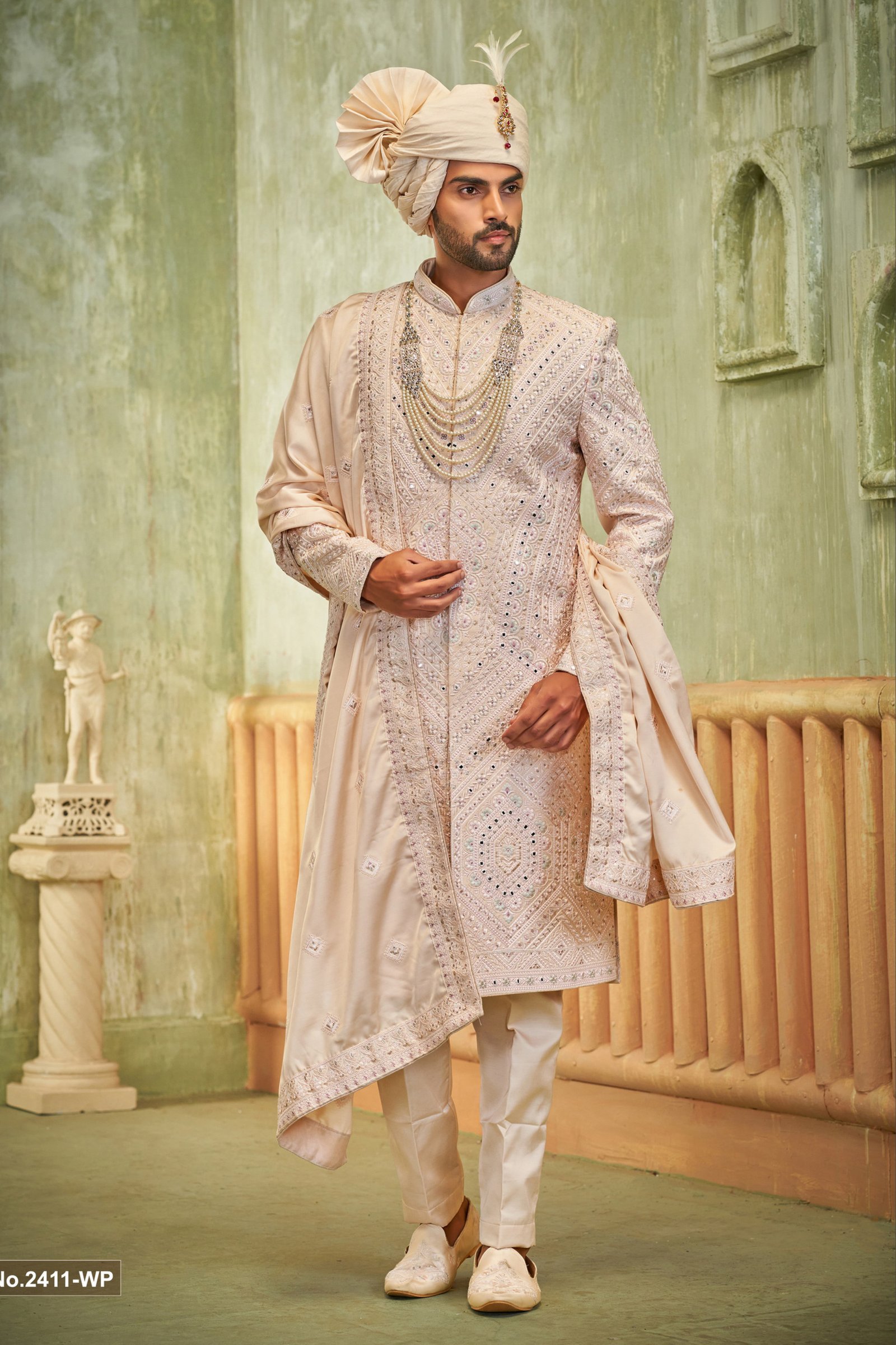 Desinger Light Pink Mirror Work Wedding Sherwani 