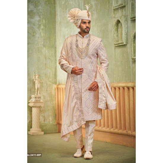 Desinger Light Pink Mirror Work Wedding Sherwani 
