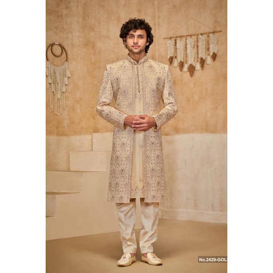 Designer Beige Color Double Pattern Groom Sherwani 