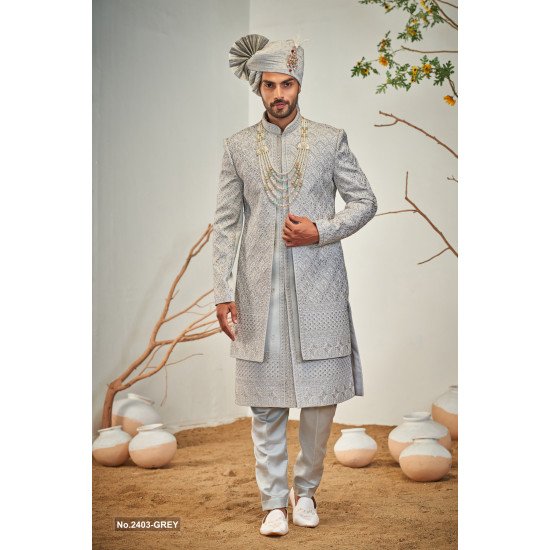 Designer Grayish Blue Double Pattern Sherwani For Groom 