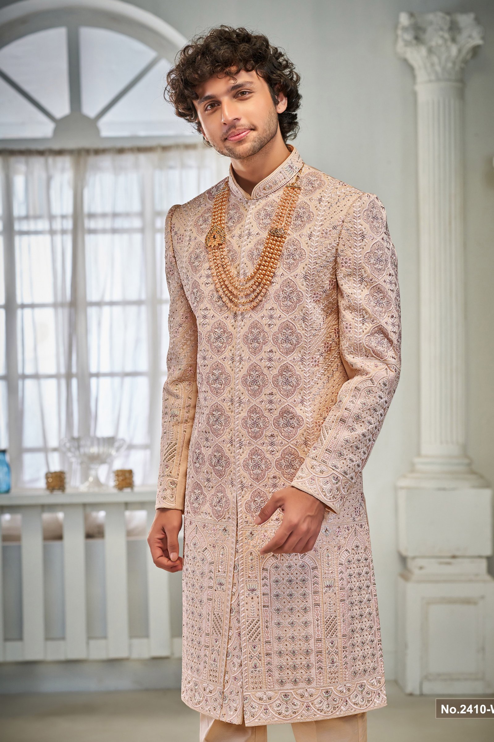 Designer Peach Color Embroidrey & Stone Work Sherwani For Groom
