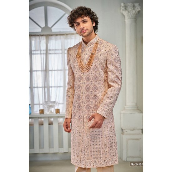 Designer Peach Color Embroidrey & Stone Work Sherwani For Groom