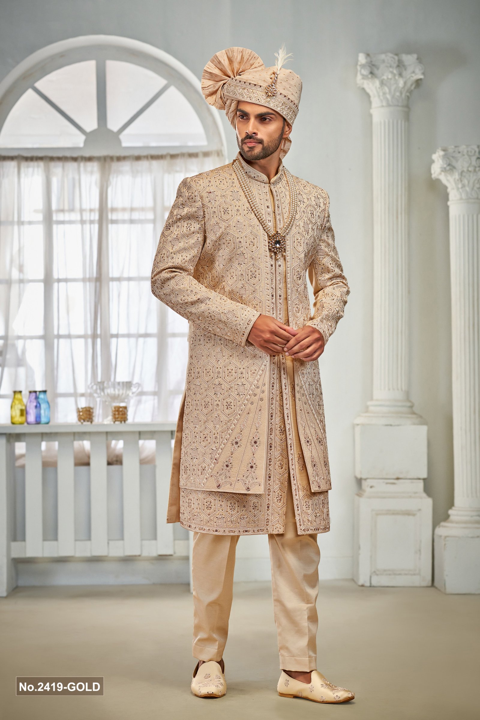 Designer Gold Mehroon Touch Double Pattern Sherwani For Groom