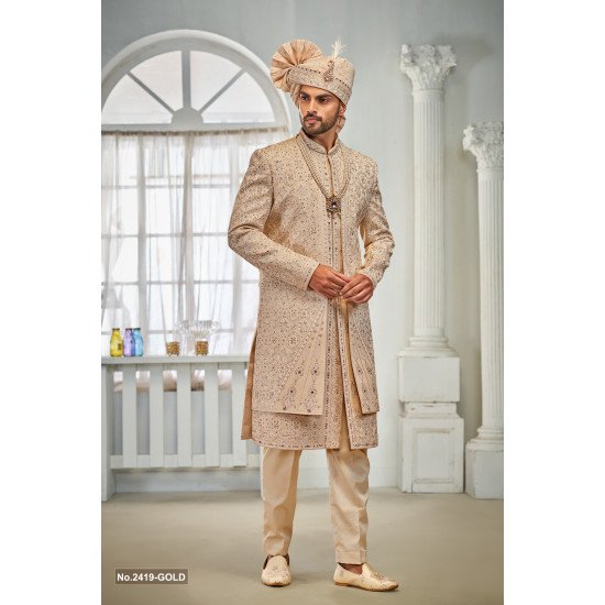 Designer Golden Double Patttern Wedding Sherwani