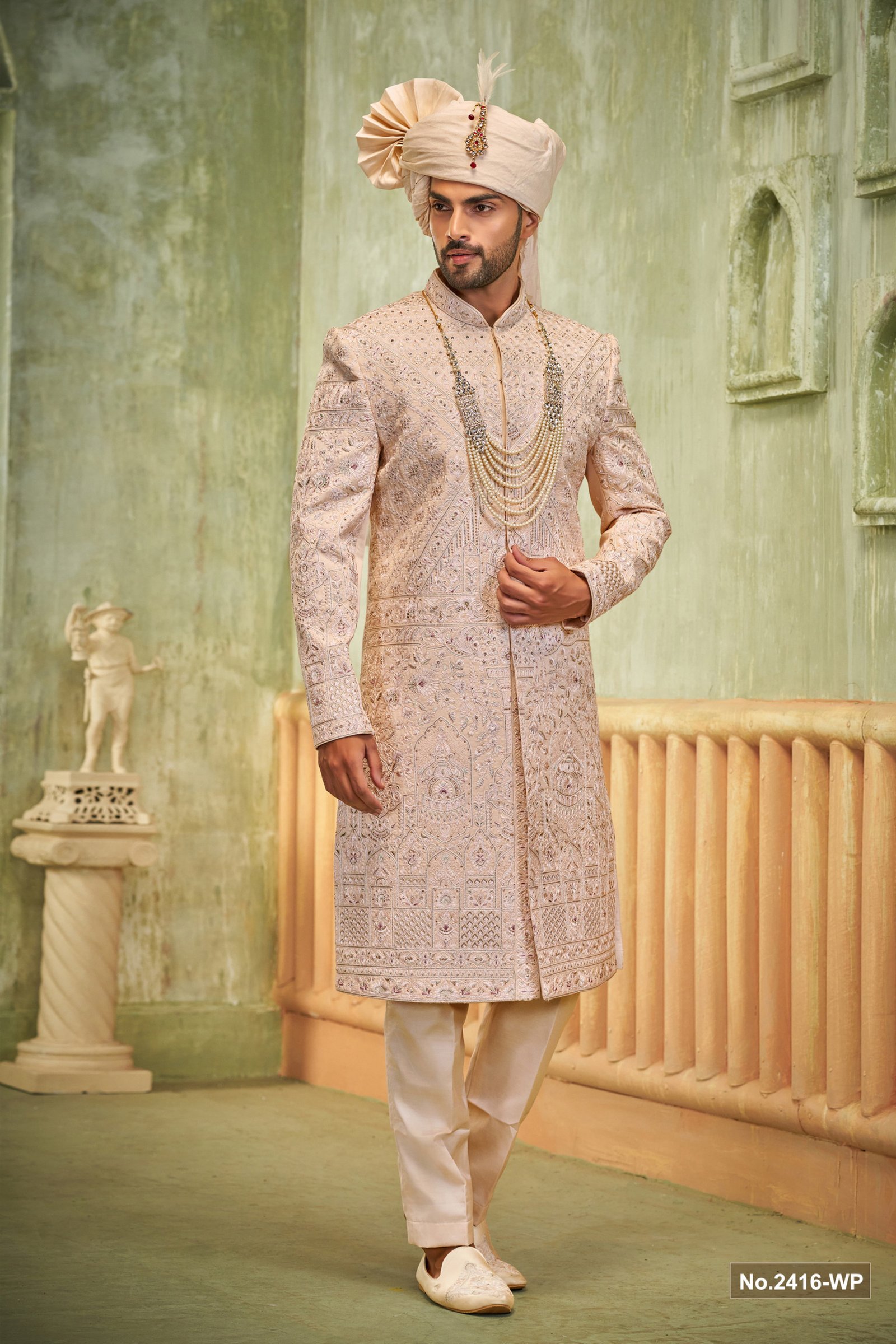 Designer Light Peach Achkan Pattern Sherwani For Wedding