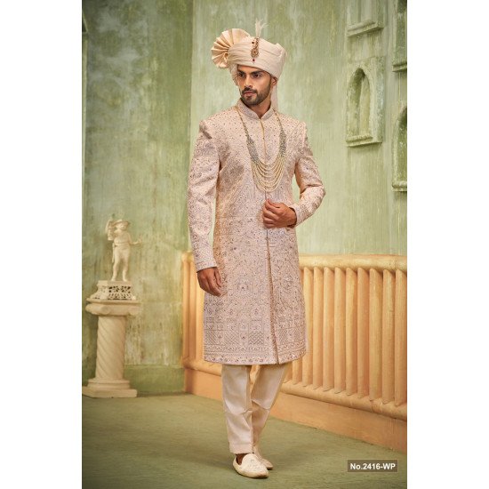 Designer Light Peach Achkan Pattern Sherwani For Wedding