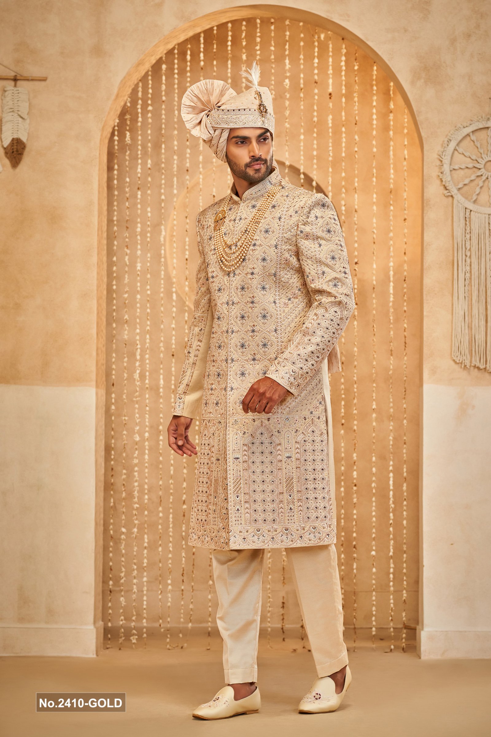 Designer Cream Multicolor Thread Work Wedding Sherwani