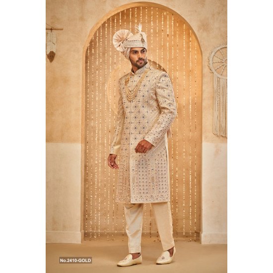Designer Cream Multicolor Thread Work Wedding Sherwani
