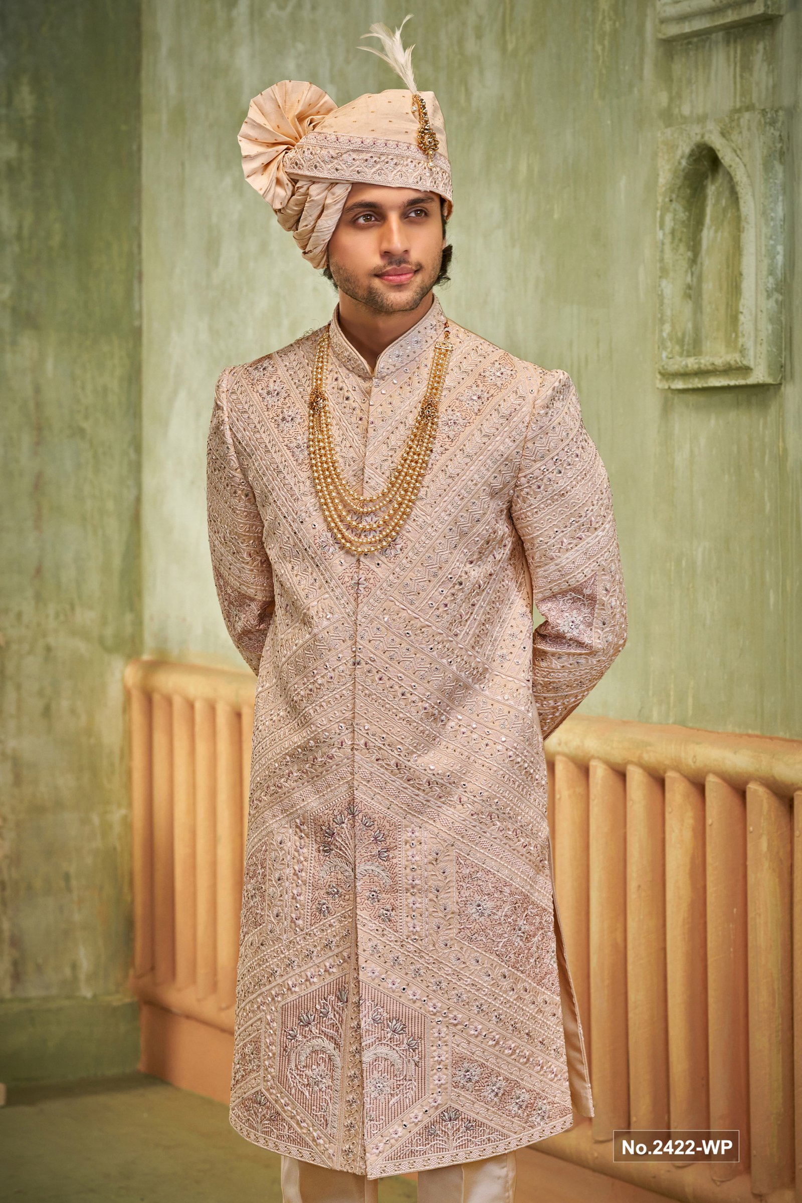 Designer Light Peach Achkan Pattern Sherwani For Groom 
