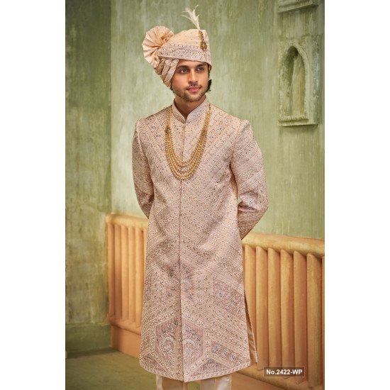 Designer Light Peach Achkan Pattern Sherwani For Groom 