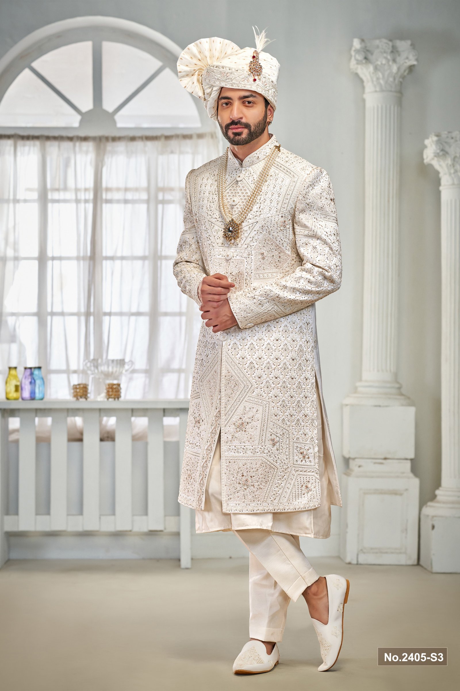 Designer Stone And Embroidred Work Wedding Sherwani For Groom