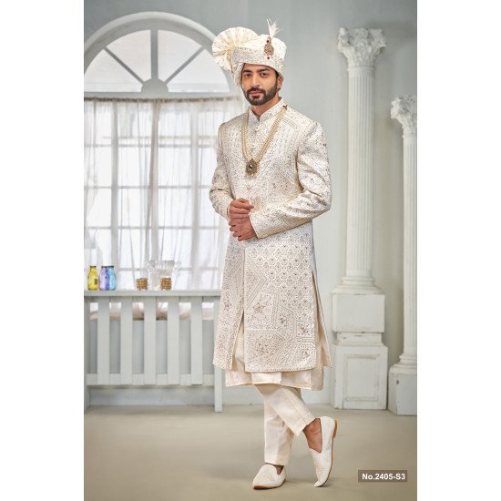 Designer Stone And Embroidred Work Wedding Sherwani For Groom
