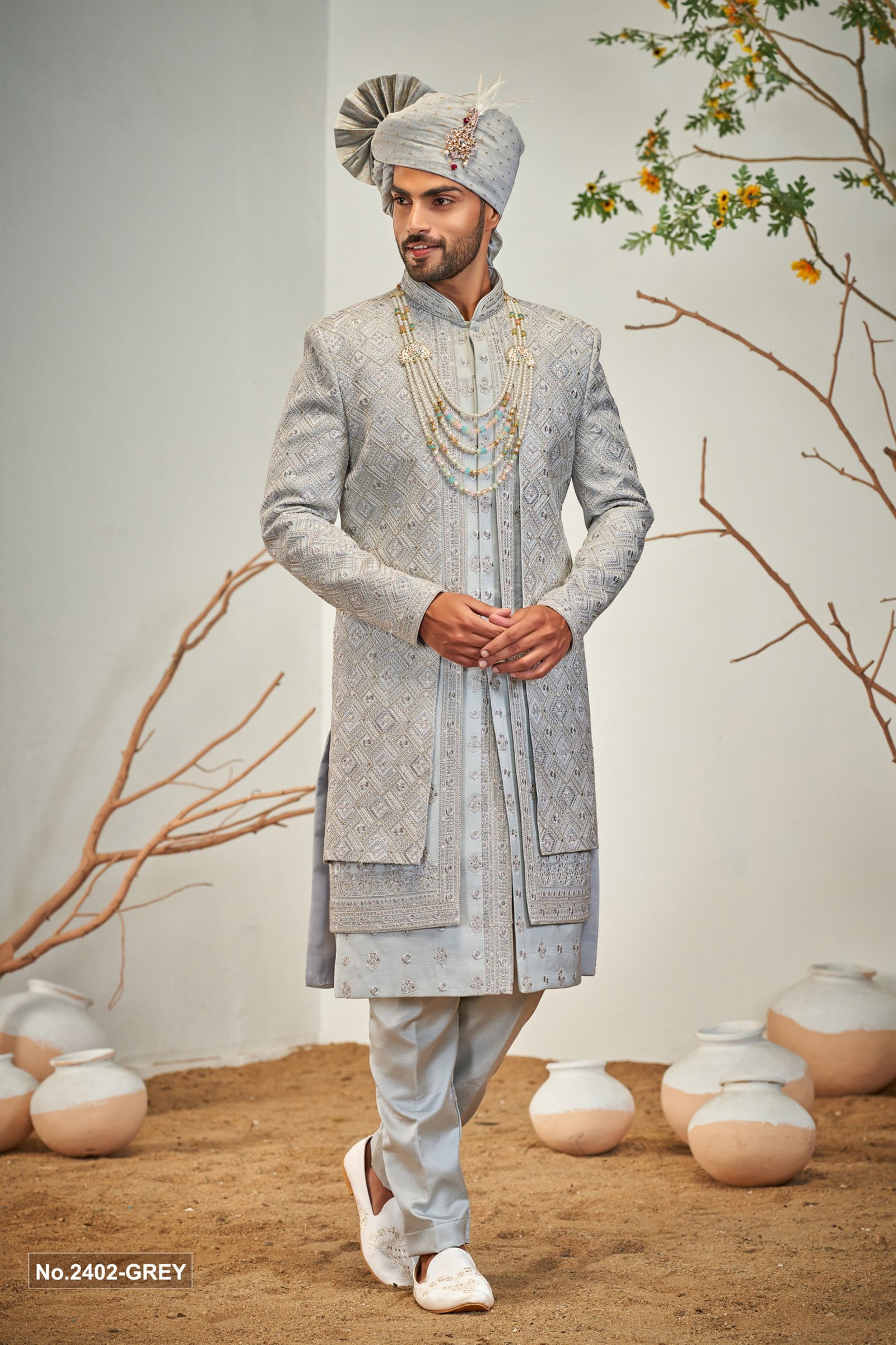 Designer Gray Three Layered Groom Sherwani For Wedding 