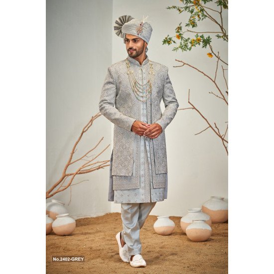 Designer Gray Three Layered Groom Sherwani For Wedding 