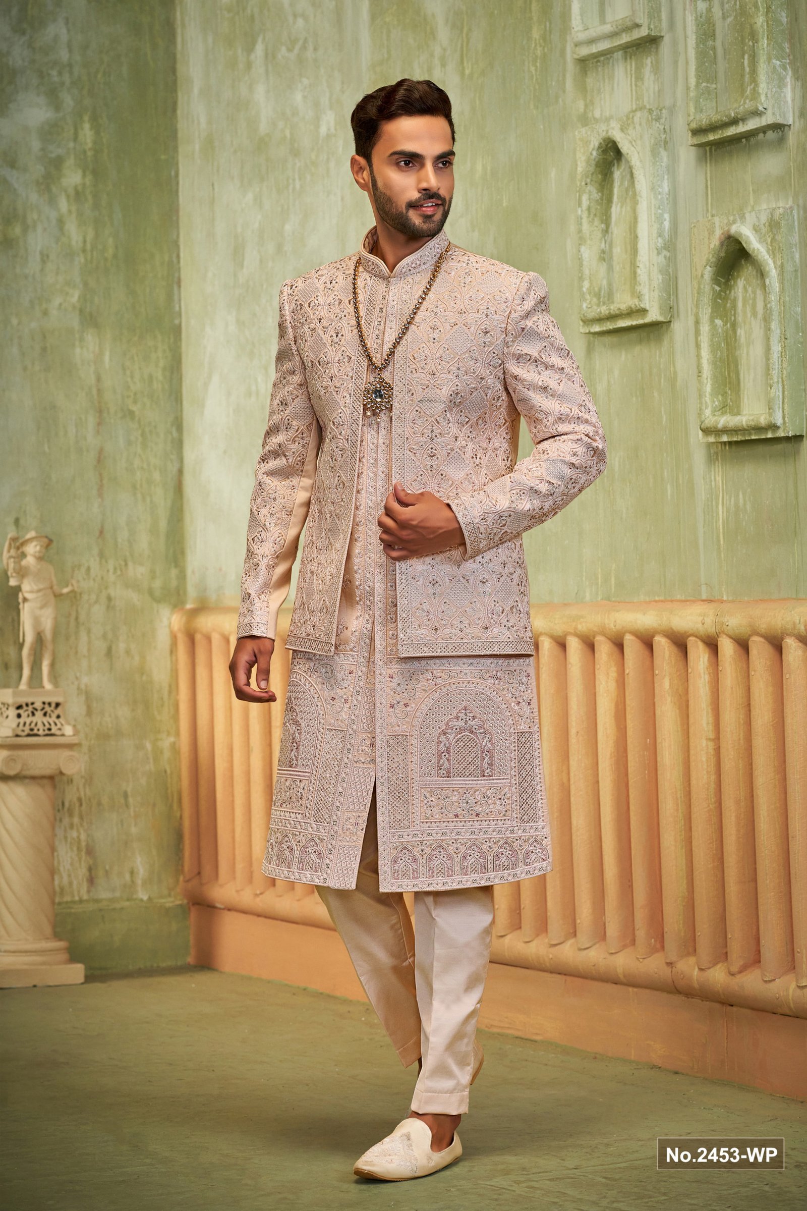 Designer Light Peach Double Pattern Sherwani For Groom 