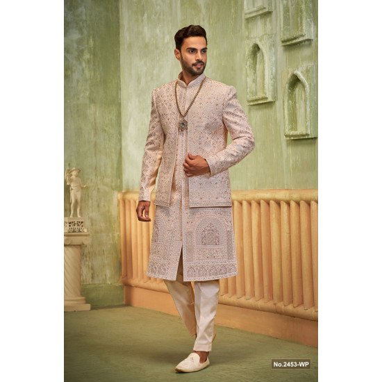 Designer Light Peach Double Pattern Sherwani For Groom 