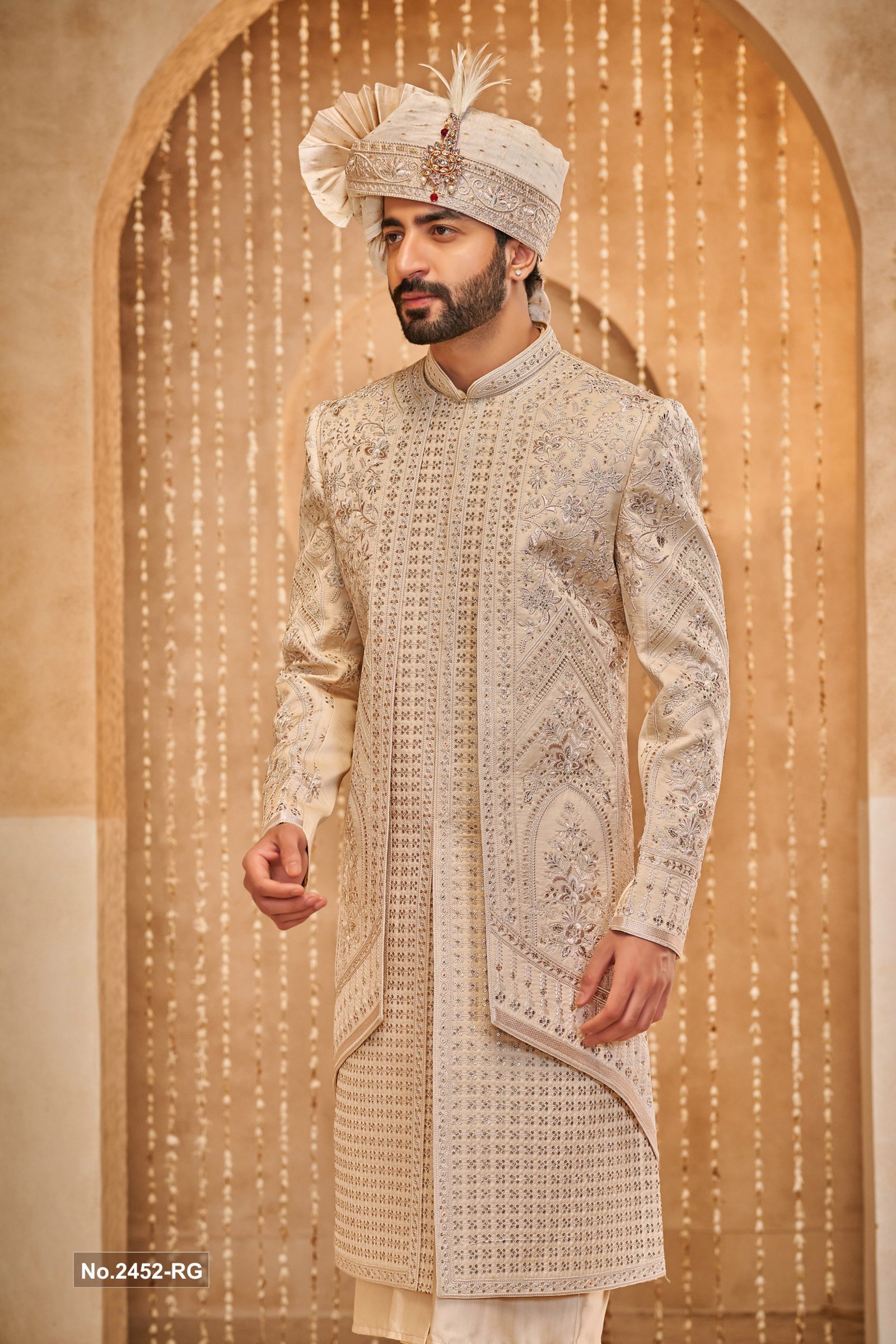 Designer Beige Double Pattern Sequence & Stone Work Sherwani For Groom
