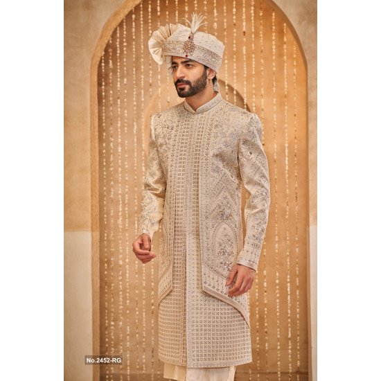 Designer Beige Double Pattern Sequence & Stone Work Sherwani For Groom