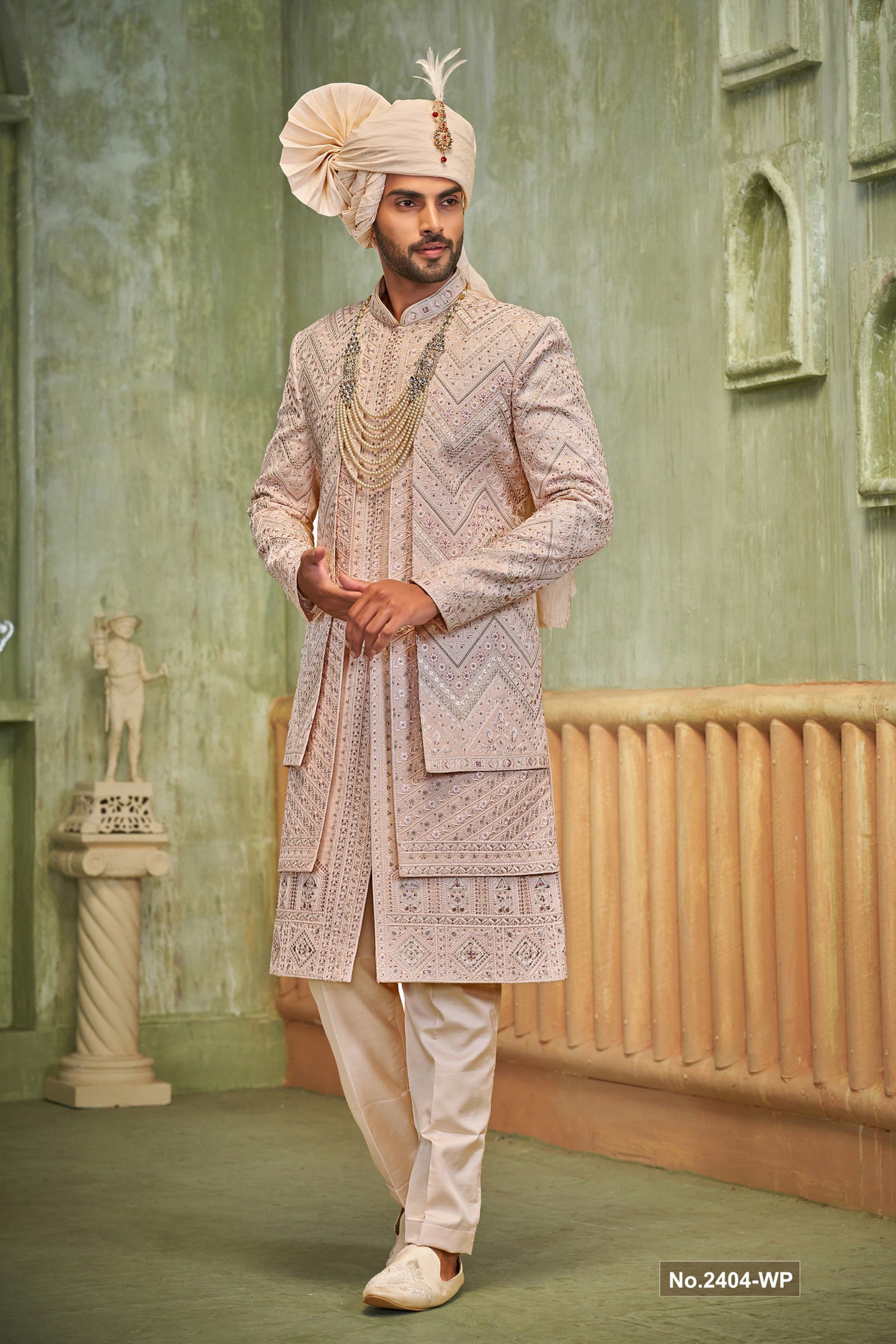 Designer Light Peach Three Layer Sherwani For Groom 